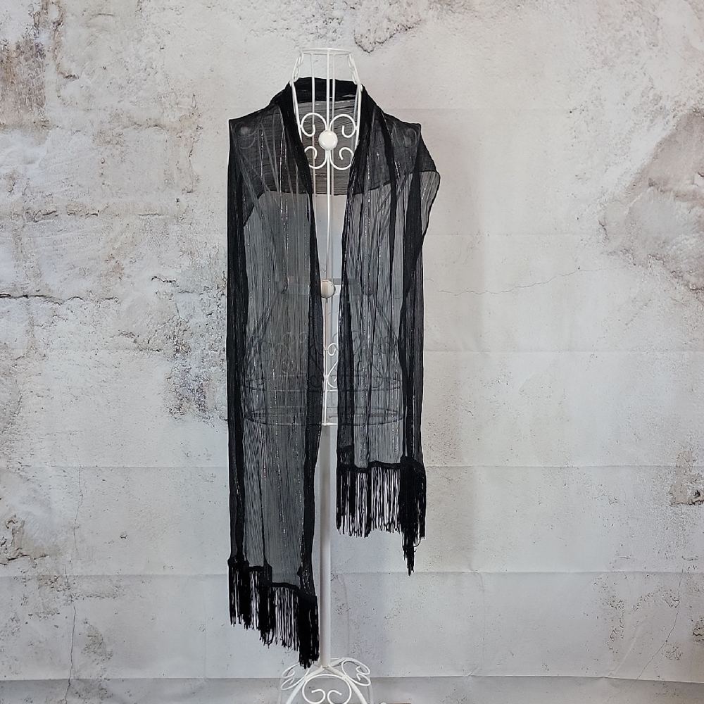Mix It Scarf Or Wrap Black Sheer Metallic Thread With Fringe 17" X 72"